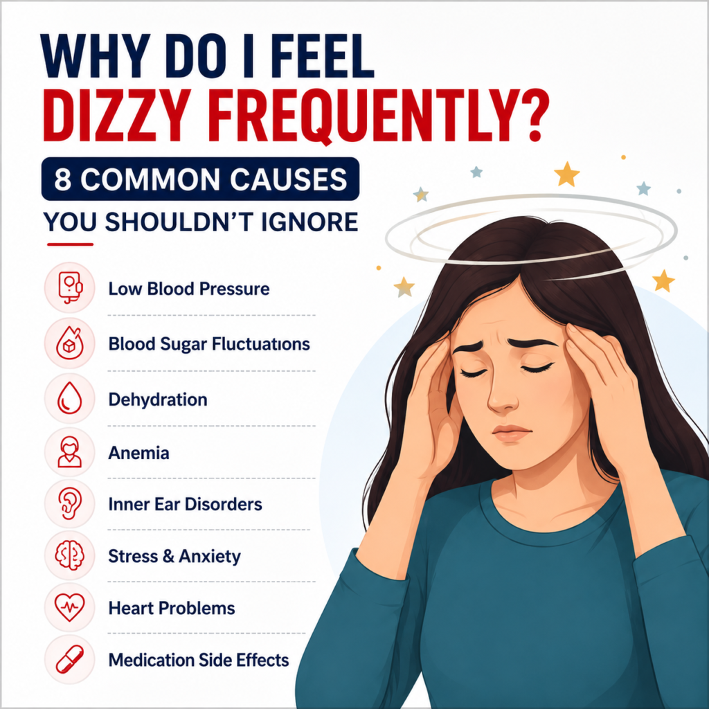 Woman experiencing dizziness with visual indicators representing common causes of dizziness such as blood pressure, blood sugar, dehydration, and balance disorders.