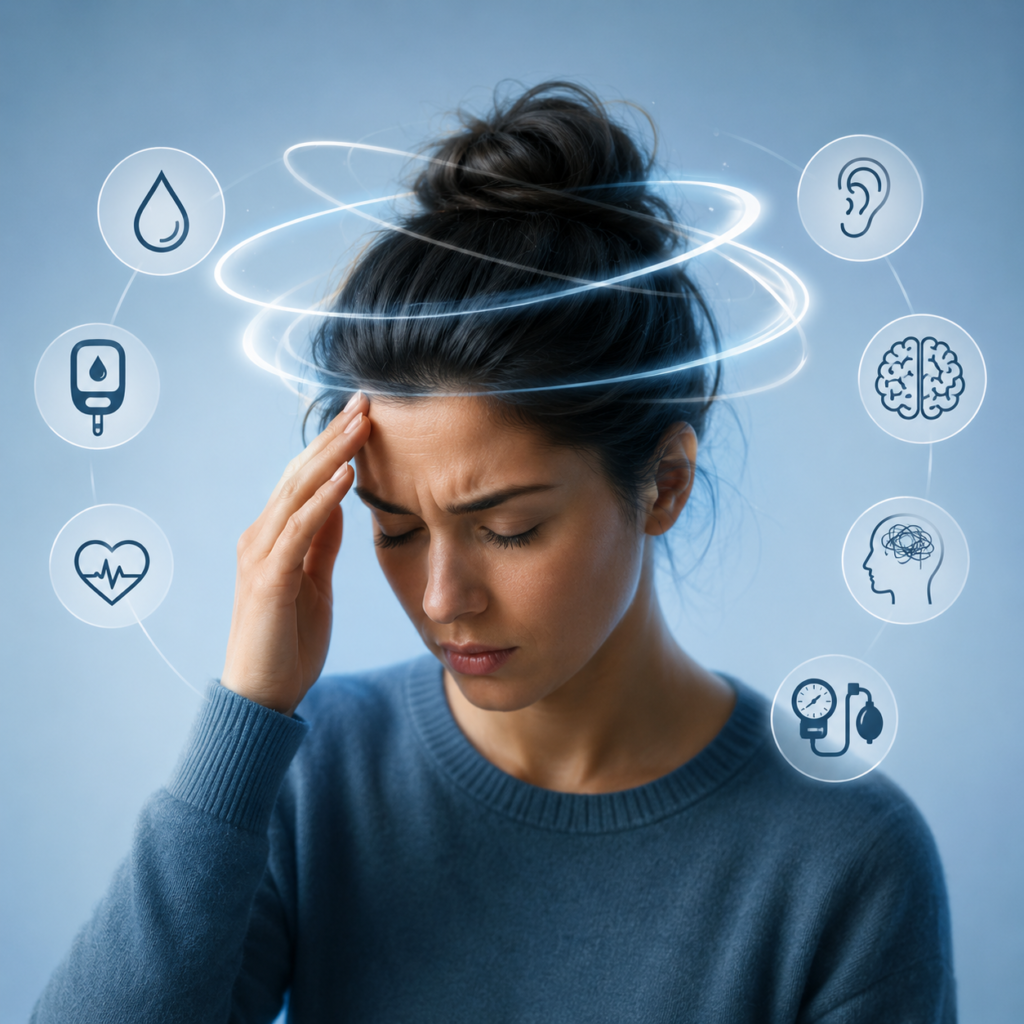 Woman experiencing dizziness with visual indicators representing common causes of dizziness such as blood pressure, blood sugar, dehydration, and balance disorders.