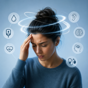 Woman experiencing dizziness with visual indicators representing common causes of dizziness such as blood pressure, blood sugar, dehydration, and balance disorders.