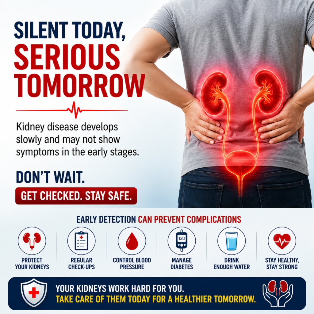 Kidney health infographic highlighting lifestyle habits that help protect the kidneys, including hydration, healthy eating, blood pressure control, diabetes management, and regular medical check-ups.

Option 3