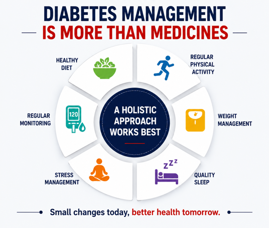 Comprehensive diabetes management including healthy nutrition, exercise and blood sugar monitoring under physician guidance.