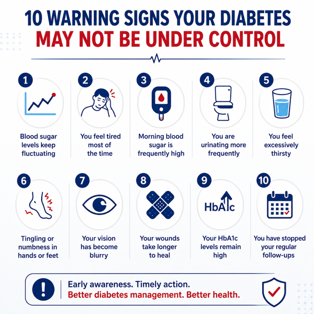 Infographic illustrating ten common warning signs that may indicate diabetes is not adequately controlled.