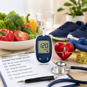 Healthy foods, blood glucose monitor, stethoscope and fitness tools representing comprehensive diabetes management and blood sugar control.
