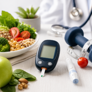 Healthy foods, blood glucose monitor, fitness equipment and medical tools representing holistic Type 2 diabetes management.