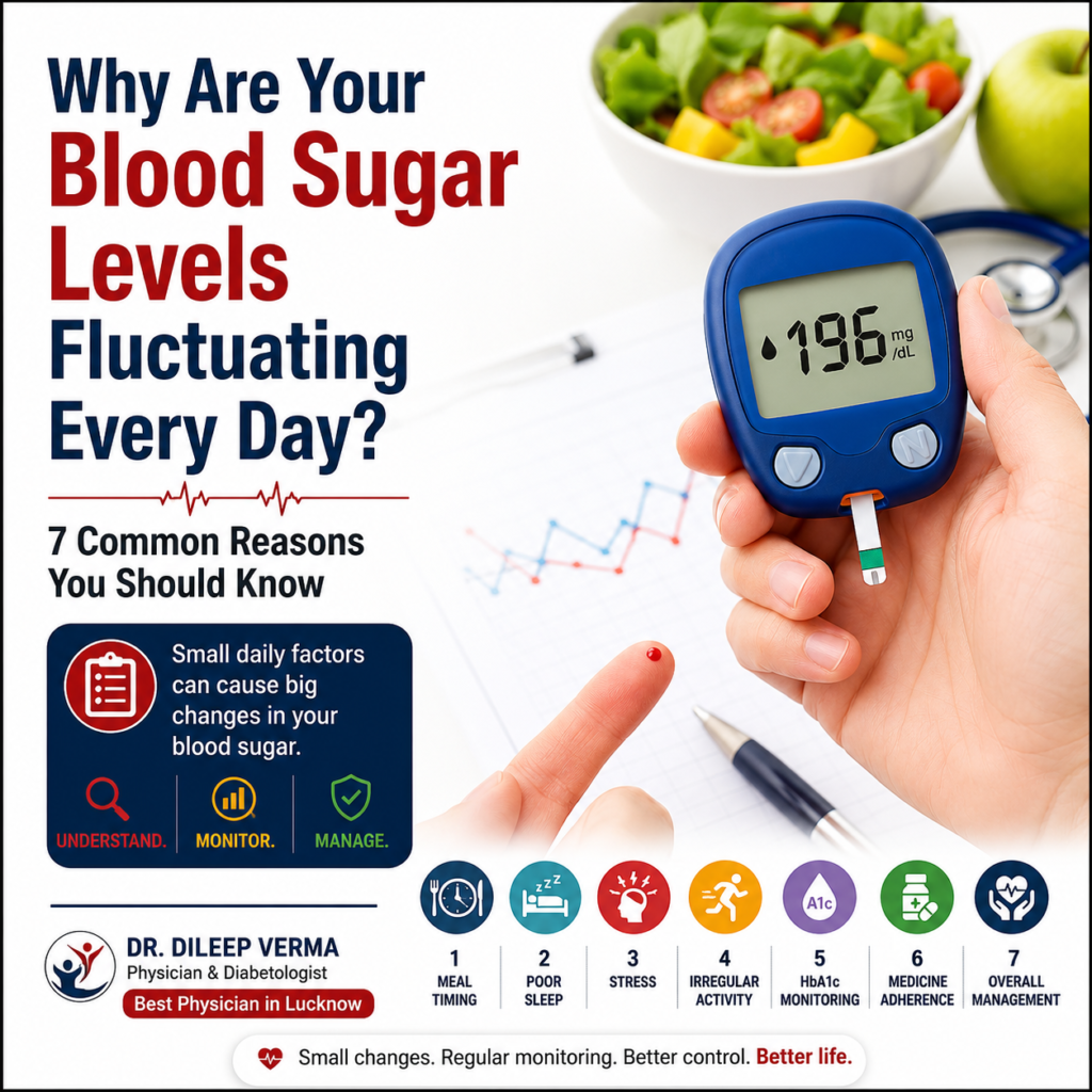 Blood glucose monitor showing elevated blood sugar levels representing daily blood sugar fluctuations and the importance of diabetes management.