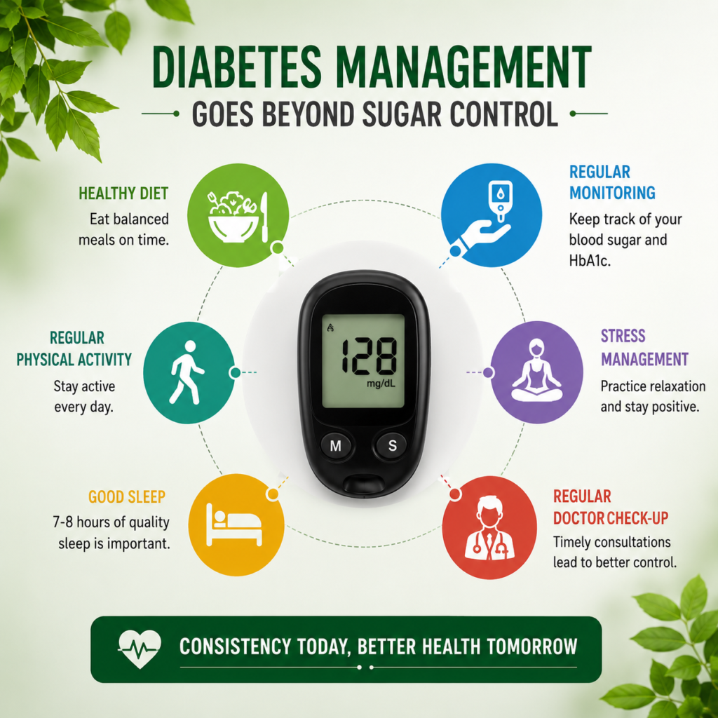 Blood glucose monitor surrounded by healthy diet, regular monitoring, physical activity, stress management, quality sleep, and physician consultations illustrating comprehensive diabetes management.
