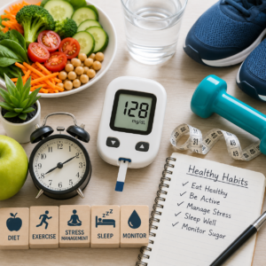 Healthy foods, a blood glucose monitor, exercise equipment, water, and healthy lifestyle habits representing holistic diabetes management and blood sugar control.
