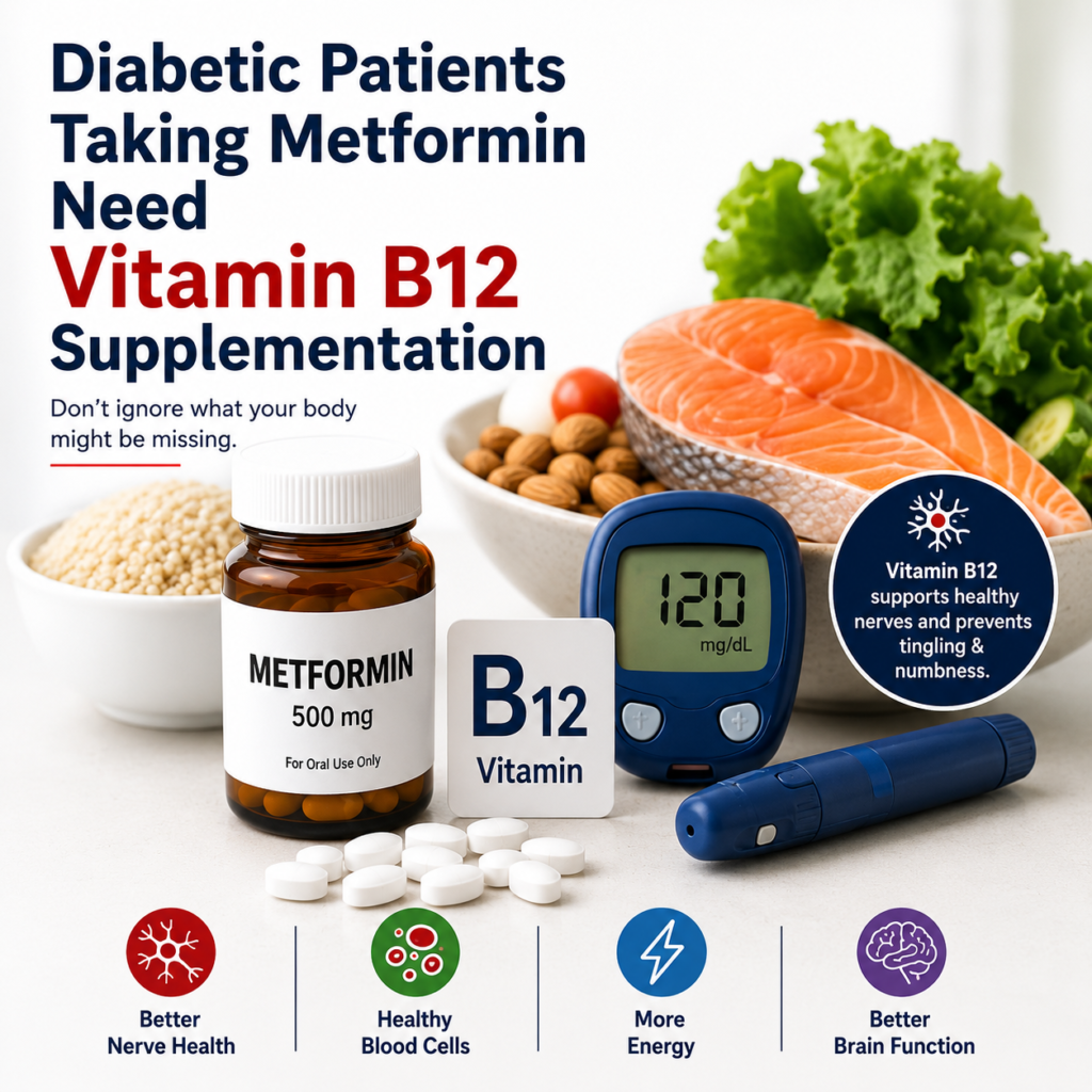 Metformin medicine, blood glucose monitor, and Vitamin B12 supplement representing comprehensive diabetes management and Vitamin B12 monitoring in Type 2 Diabetes.