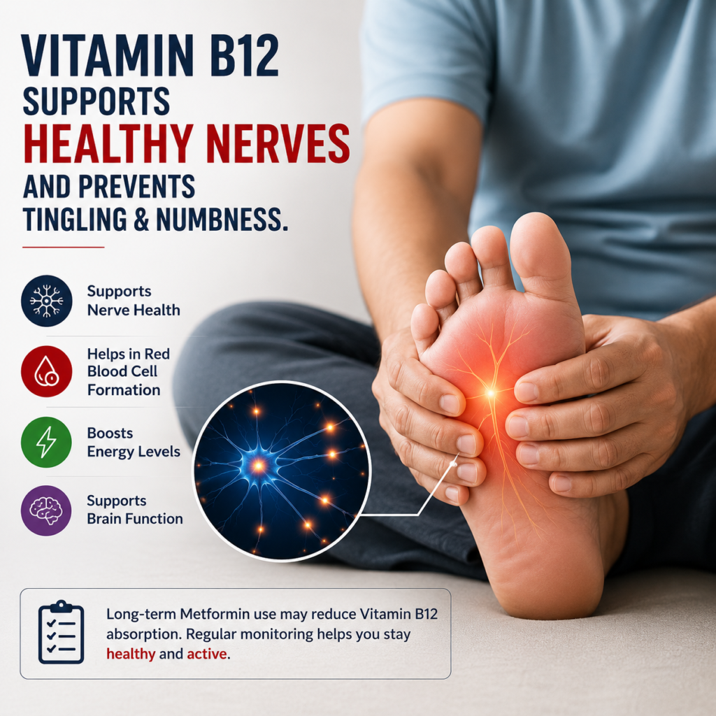Tingling and numbness in the feet illustrating symptoms that may be associated with Vitamin B12 deficiency and nerve health concerns in people with diabetes.