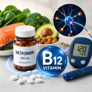 Metformin tablets, a blood glucose monitor, Vitamin B12 symbol, and healthy foods representing diabetes management and Vitamin B12 monitoring in people with Type 2 Diabetes.