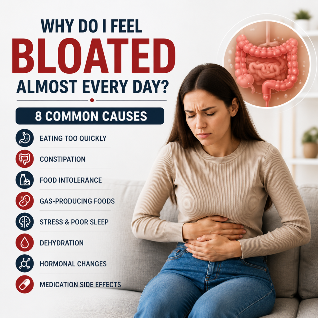 Person experiencing abdominal bloating and digestive discomfort with an illustration of the digestive system