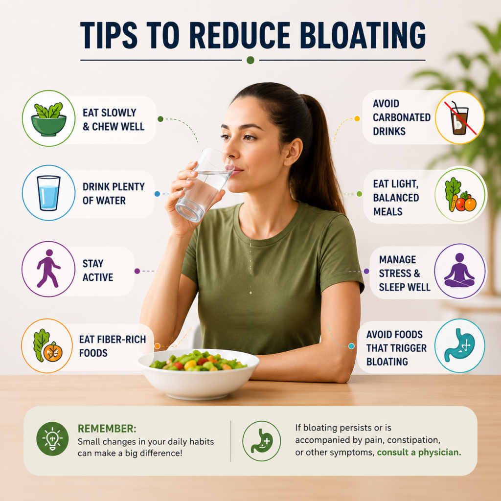 Medical infographic showing simple tips to reduce bloating, including eating slowly, drinking enough water, staying active, eating fiber-rich foods, avoiding carbonated drinks, and managing stress and sleep.