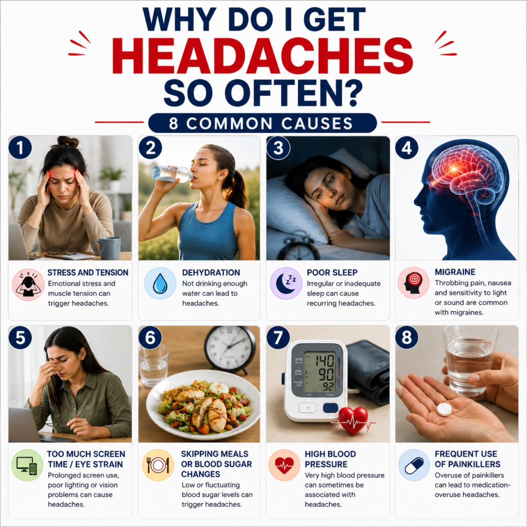 Woman experiencing a recurring headache while working at a desk, illustrating frequent headaches and the importance of identifying their underlying cause.