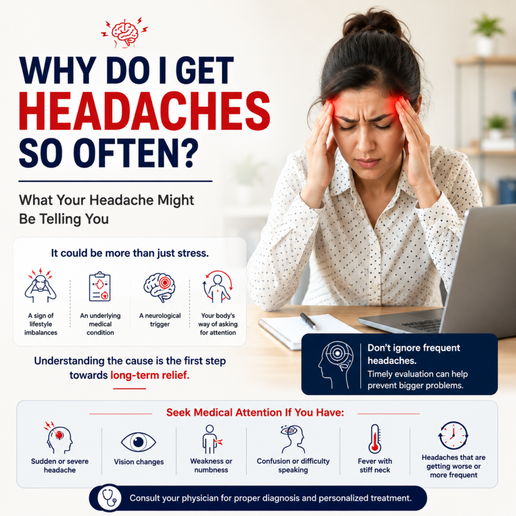 Woman experiencing a recurring headache while working at a desk, illustrating frequent headaches and the need to identify their underlying cause.