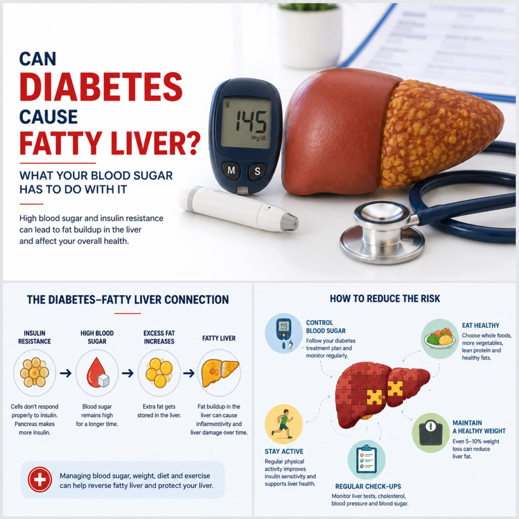 Medical illustration showing a healthy liver beside a fatty liver with a blood glucose meter, illustrating the connection between diabetes and liver fat accumulation.