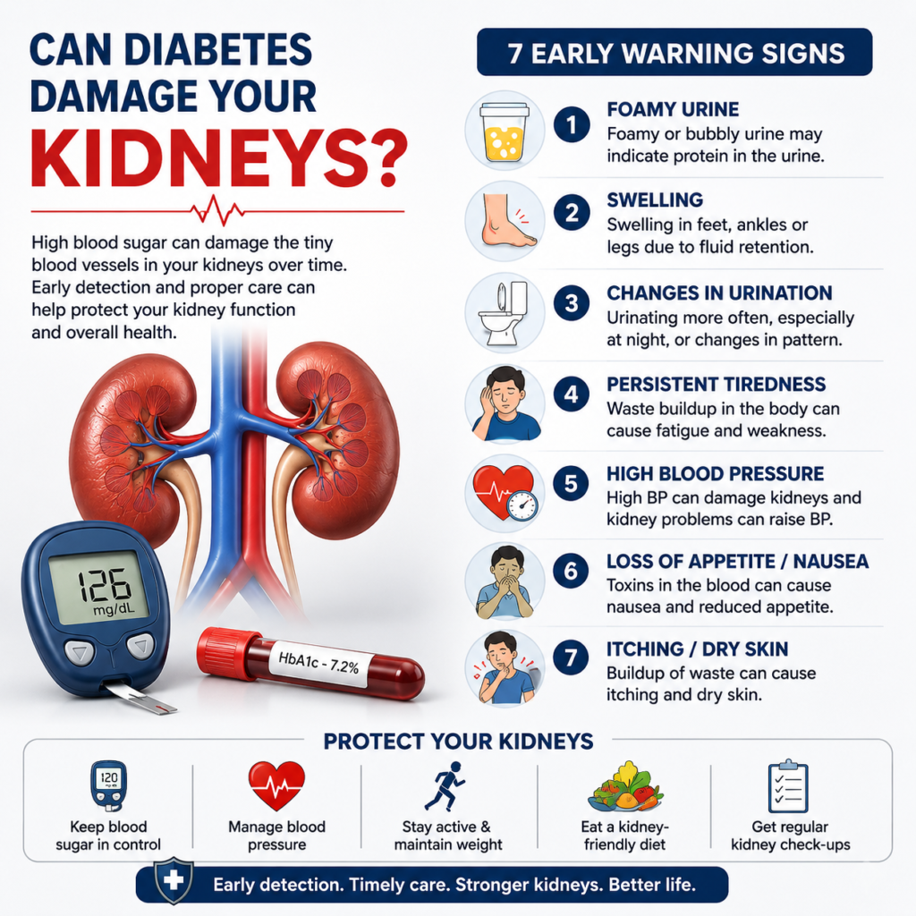 Medical illustration showing how diabetes can affect the kidneys, with a kidney anatomy diagram, blood glucose meter, and seven warning signs including foamy urine, swelling, urination changes, fatigue, high blood pressure, nausea, and itchy skin.