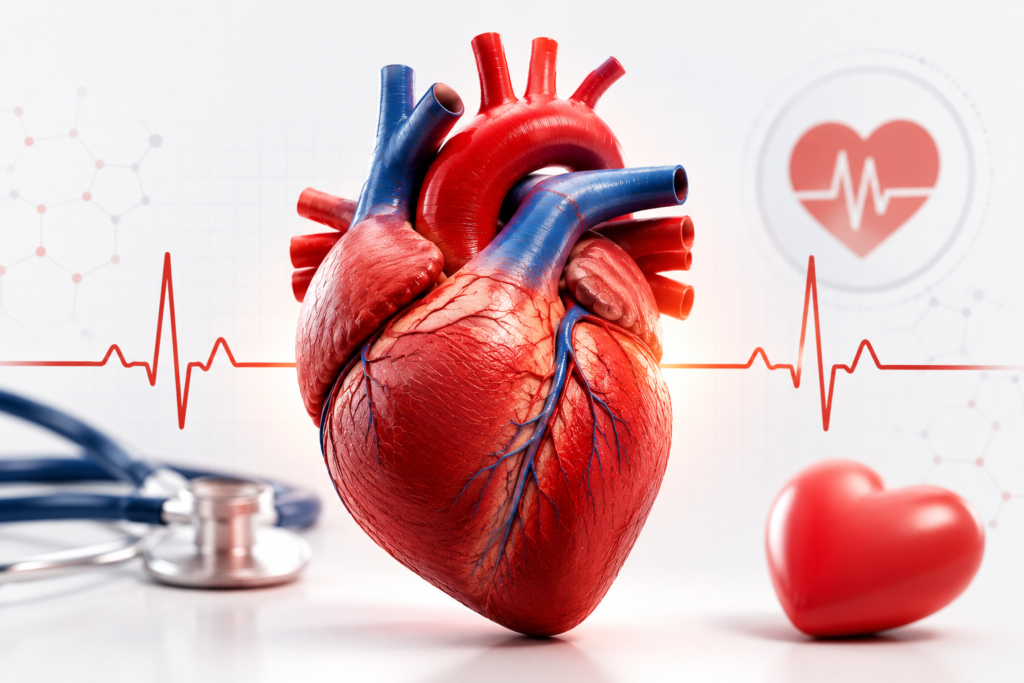 Realistic 3D illustration of a human heart with an ECG waveform, stethoscope, and heart health symbols on a clean medical background. Best Physician In Lucknow