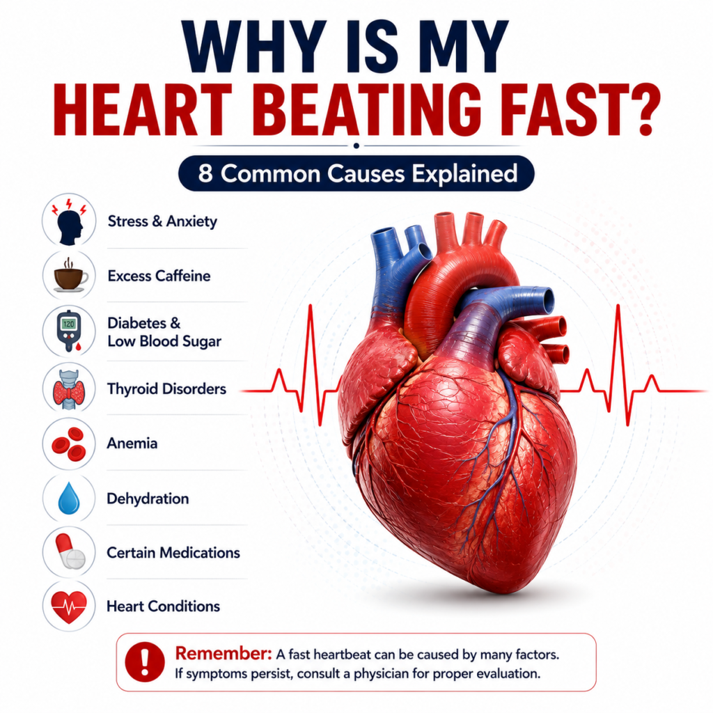 Medical infographic showing eight common causes of a fast heartbeat, including stress, excess caffeine, diabetes, thyroid disorders, anemia, dehydration, medications, and heart conditions.