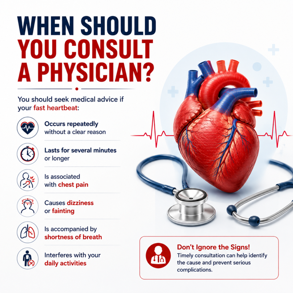 Medical infographic showing warning signs that indicate when to consult a physician for a fast heartbeat, including chest pain, dizziness, fainting, shortness of breath, prolonged rapid heartbeat, and interference with daily activities.