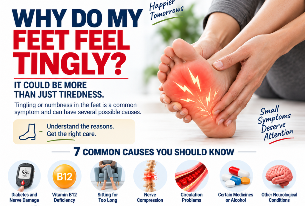 Medical infographic showing common causes of tingling feet, including diabetes-related nerve damage, vitamin B12 deficiency, prolonged sitting, nerve compression, circulation problems, medicines or alcohol, and neurological conditions.