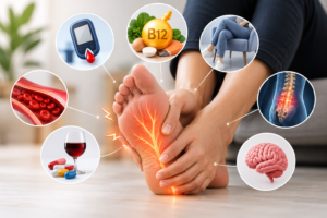 Medical illustration of tingling feet with highlighted foot nerves and visual representations of diabetes, vitamin B12 deficiency, poor circulation, nerve compression, medications, alcohol, and neurological conditions.