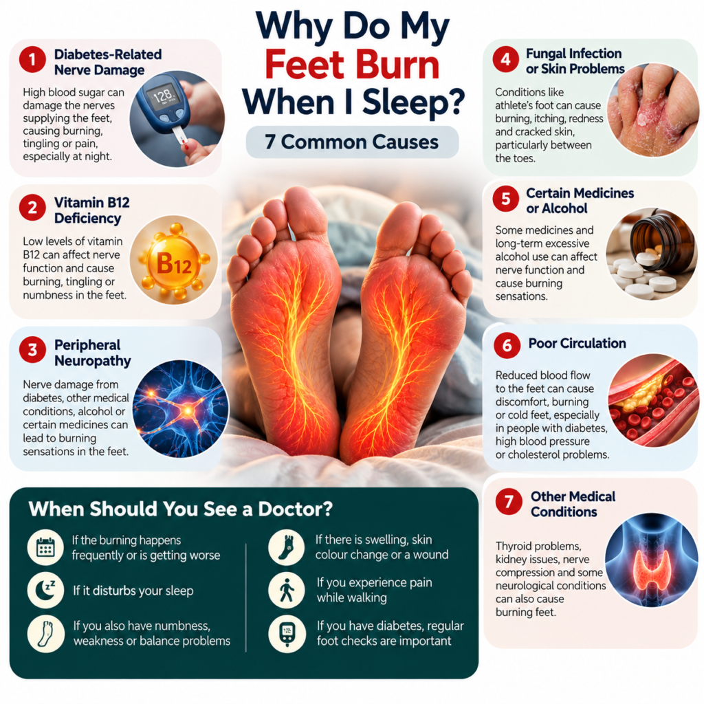 Medical infographic showing seven common causes of burning feet at night, including diabetic nerve damage, vitamin B12 deficiency, peripheral neuropathy, fungal or skin problems, certain medicines or alcohol, poor circulation, and other medical conditions, with warning signs for when to see a doctor.