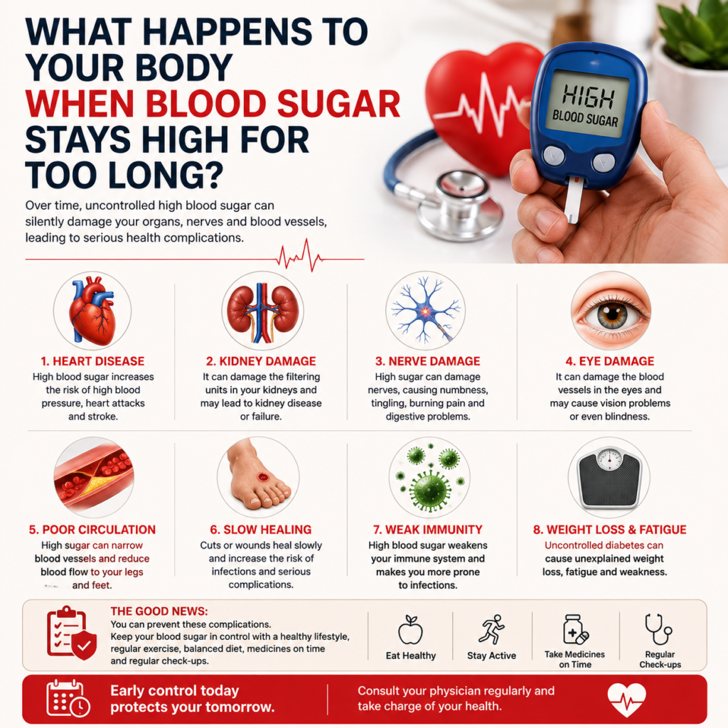 Medical infographic illustrating how prolonged high blood sugar can affect the heart, kidneys, nerves, eyes, circulation, wound healing, immunity, and weight, with a glucose meter and diabetes management tips.