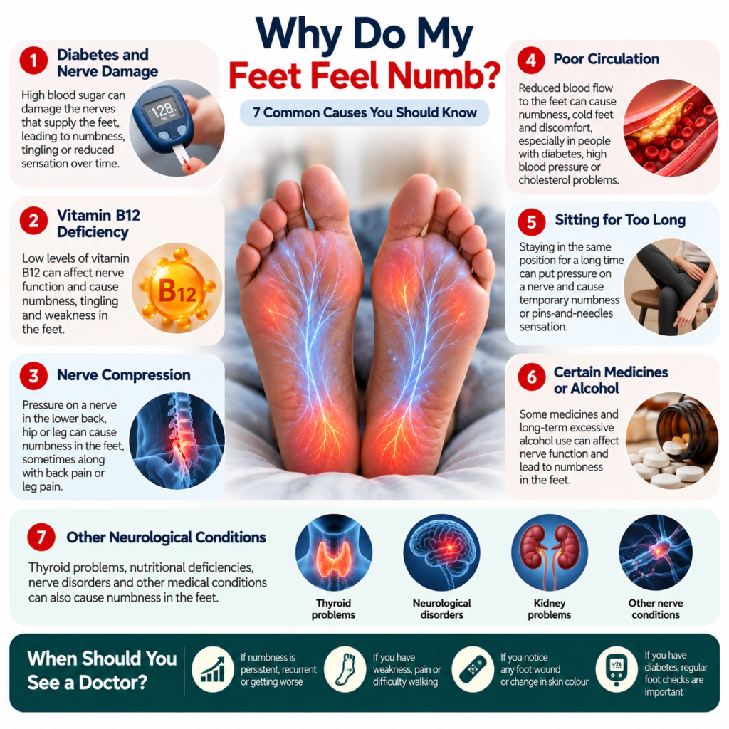 Medical infographic showing seven common causes of numb feet, including diabetes and nerve damage, vitamin B12 deficiency, nerve compression, poor circulation, prolonged sitting, certain medicines or alcohol, and other neurological conditions.
