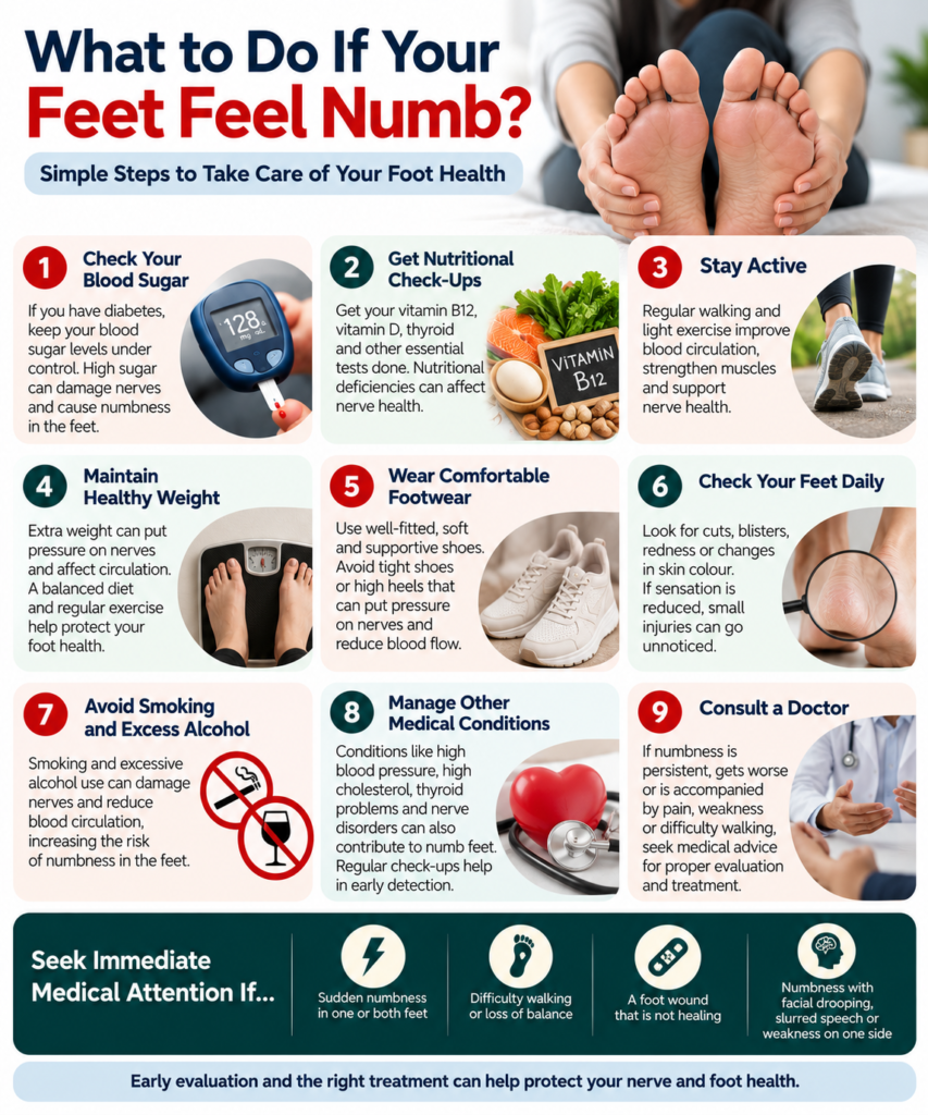Medical infographic showing practical steps for managing numb feet, including controlling blood sugar, checking nutritional health, staying active, maintaining a healthy weight, wearing comfortable footwear, checking the feet daily, avoiding smoking and excess alcohol, managing medical conditions, and consulting a doctor.