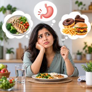 Woman feeling hungry despite eating a balanced meal, illustrating persistent hunger and possible links to diet, blood sugar, insulin resistance, sleep, stress, and hydration.