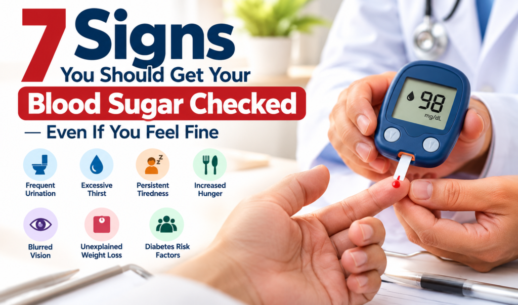 Medical infographic showing seven potential diabetes warning signs, including frequent urination, excessive thirst, persistent tiredness, increased hunger, blurred vision, unexplained weight loss and diabetes risk factors, alongside a glucometer reading 98 mg/dL.
