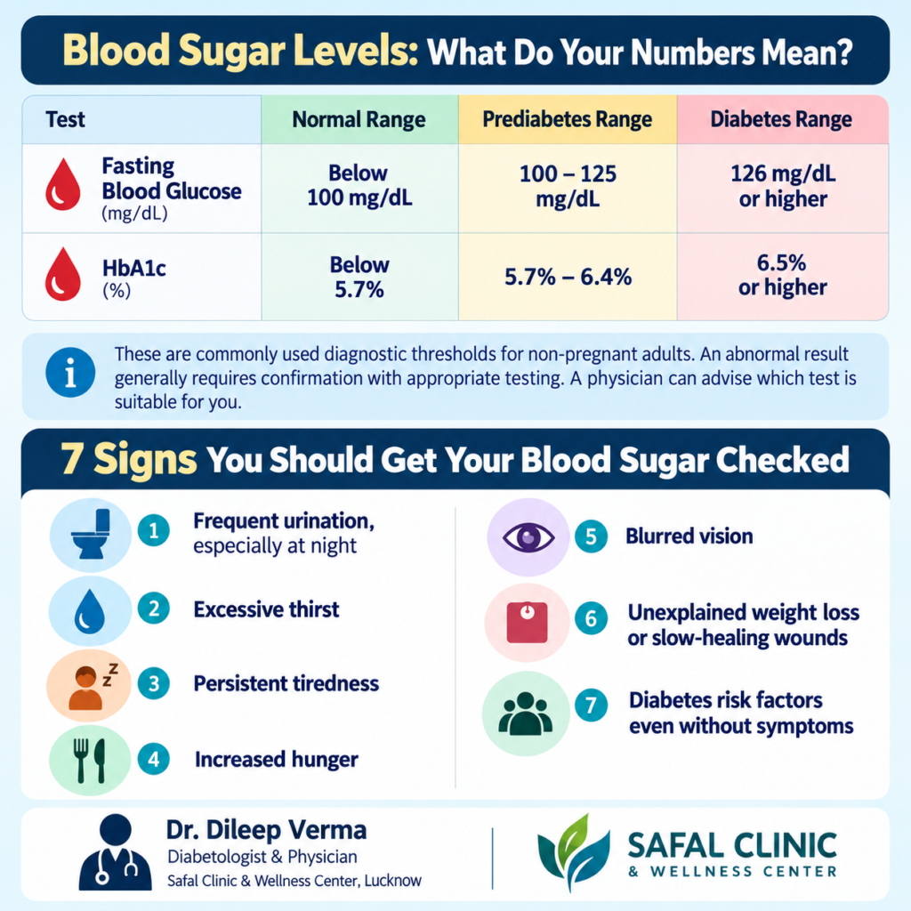 Medical infographic explaining fasting blood glucose and HbA1c ranges for normal blood sugar, prediabetes and diabetes, alongside seven warning signs including frequent urination, excessive thirst, persistent tiredness, increased hunger, blurred vision, unexplained weight loss, slow-healing wounds and diabetes risk factors. Featuring Dr. Dileep Verma and Safal Clinic & Wellness Center, Lucknow.
