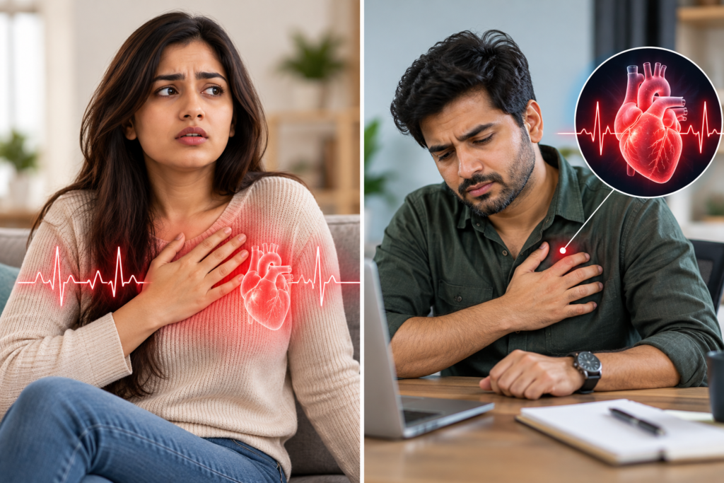 Woman and man experiencing a racing heartbeat while resting, with highlighted heart illustrations and ECG waveforms representing heart palpitations.
