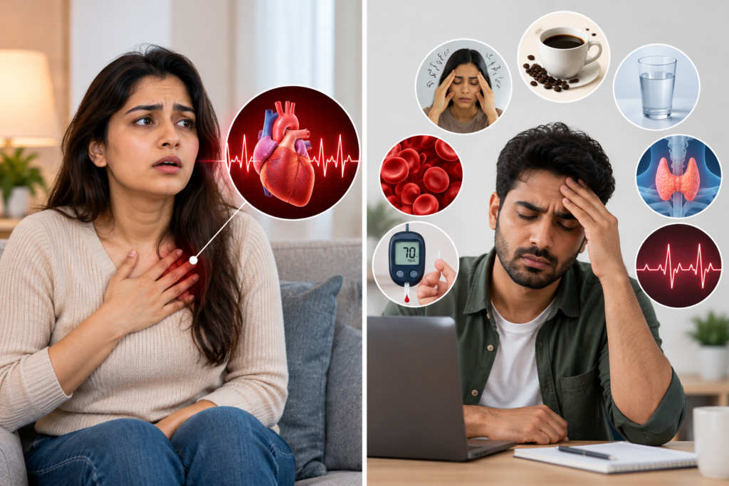 Medical illustration showing a woman experiencing heart palpitations and a man sitting at a desk, surrounded by visual indicators of possible causes including stress, caffeine, dehydration, anaemia, thyroid problems, blood sugar changes and abnormal heart rhythms.