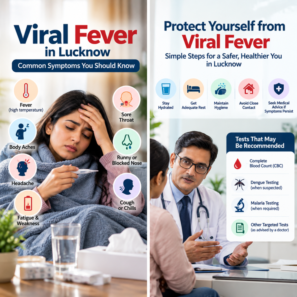 Viral fever precautions, recommended tests, and warning signs that require medical attention.